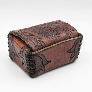 Vintage Hand-Tooled Leather Floral Box Whip-Stitched Storage Case